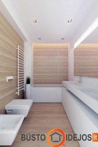 Medis "sušildo" minimalistinio stiliaus vonios kambario interjerą
